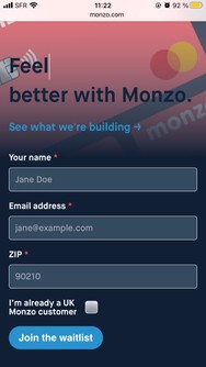 Monzo product landing page